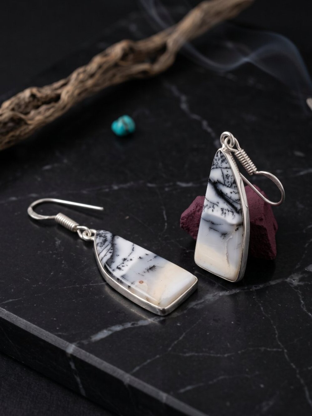 Dendritic Opal Earrings 925 Sterling Silver Dangle Bohemian Western 1.9"